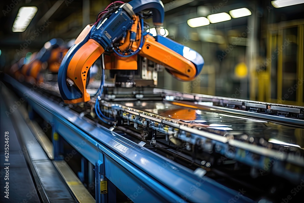 Robotic arm on conveyor belt in factory, industry 4.0 concept Robotic arm on conveyor belt in factory, industry 4.0 concept