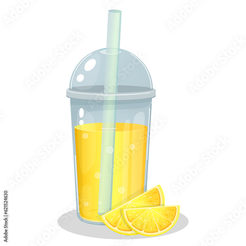 Lemonade in a plastic cup, summer drink, fresh juice, smoothie, fruit cocktail, cartoon style, realism