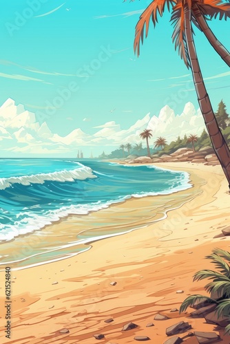 The image is a beautiful outdoor nature panoramic banner for a web traveling site, featuring a tropical beach scene with palm trees and sandy sea coast. (Illustration, Generative AI)