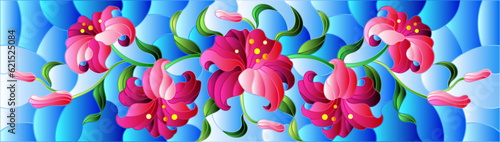 llustration in stained glass style with flowers, leaves and buds of pink lilies on a blue background