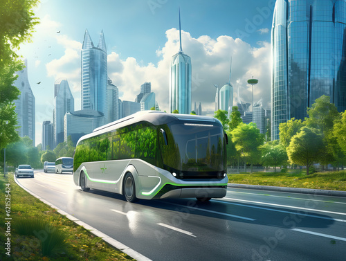 Eco bus on the background of the streets of the city of the future. The concept of ecological urban transport. Generative AI.
