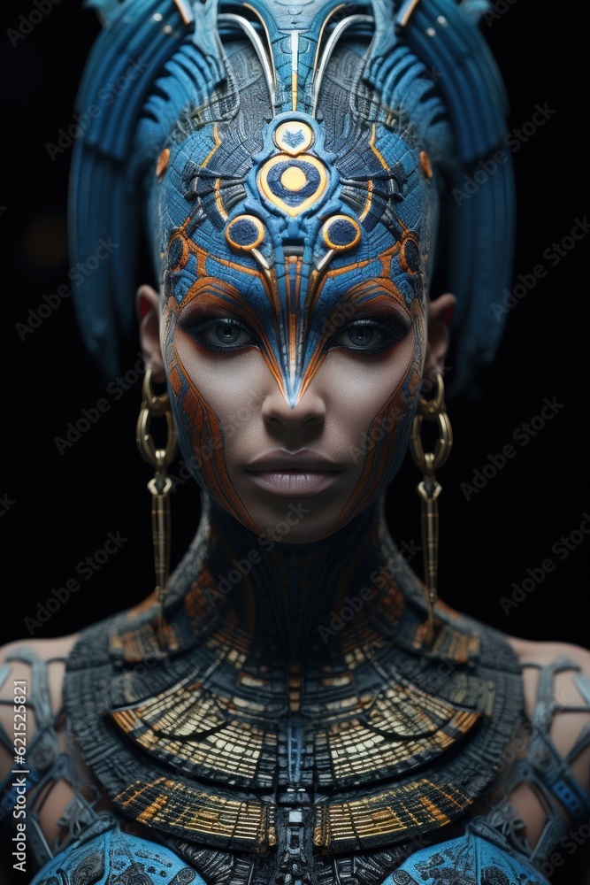 Psychedelic Enigma: Minoan Goddess with Jet-Black Eyes and Lizard Skin, LSD Fractals in the Background, Generative AI Psychedelic Enigma: Minoan Goddess with Jet-Black Eyes and Lizard Skin, LSD Fractals in the Background, Generative AI