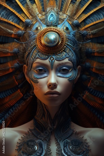Psychedelic Enigma: Minoan Goddess with Jet-Black Eyes and Lizard Skin, LSD Fractals in the Background, Generative AI