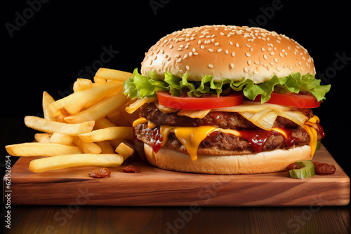 fresh cheeseburger with fries, generative ai