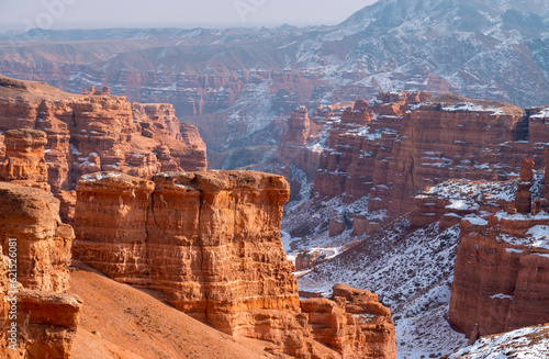 Amazing panoramic view of winter Charyn Canyon in Charyn National Park, Kazakhstan..