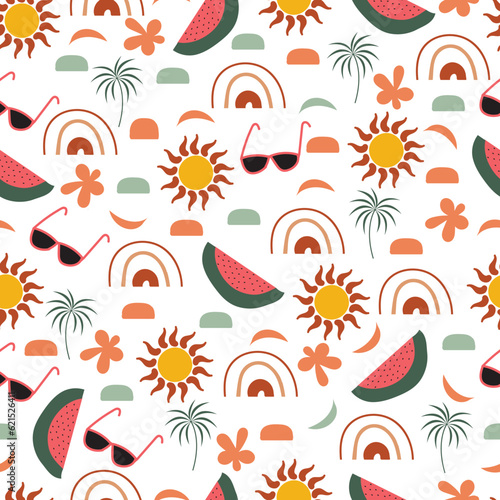 Summer seamless surface pattern of suns, rainbows, watermelons, sunglasses. Whimsical arrangement of babyish and infantile motifs