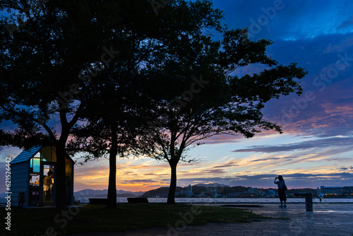 beautiful sunset in front of lake shinji