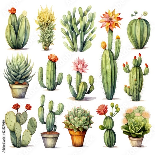 Watercolor vector set of cactus and succulent plants isolated on white background.