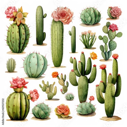 Watercolor vector set of cactus and succulent plants isolated on white background.