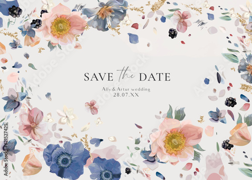 Wedding save the date card, invite. Pastel floral watercolor flowers. Editabl...