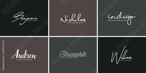 Handwritten photography logo design with camera icon vector template and person name