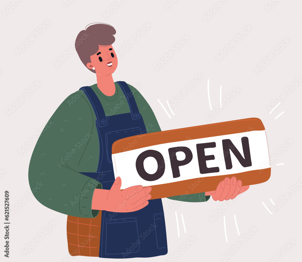 Vector illustration of Woman hold open sign in her hands. Small business Vector illustration of Woman hold open sign in her hands. Small business