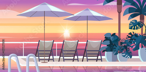 tropical luxury resort hotel beach swimming pool and poolside seating area summer vacation concept