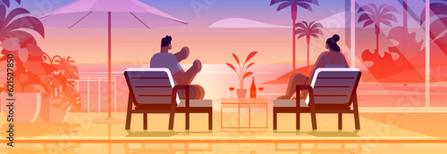 people relaxing at tropical luxury resort hotel beach swimming pool and poolside seating area summer vacation concept