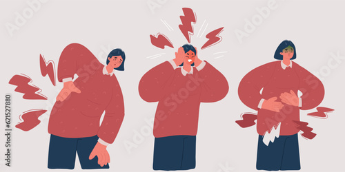 Vector illustration of woman with body pain in different part. Head, back, and stomack. Pms concept.