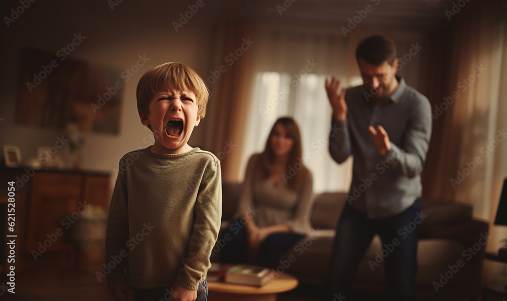 Angry screaming child with desperate parents.Stressed exhausted mother