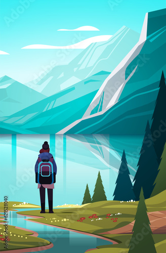 rear view of tourist with backpack travels along mountains and enjoying the view over beautiful nature landscape travelling hiking