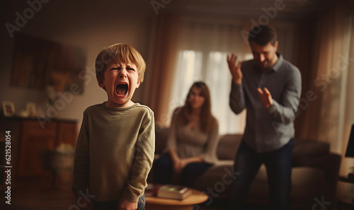 Photo Angry screaming child with desperate parents