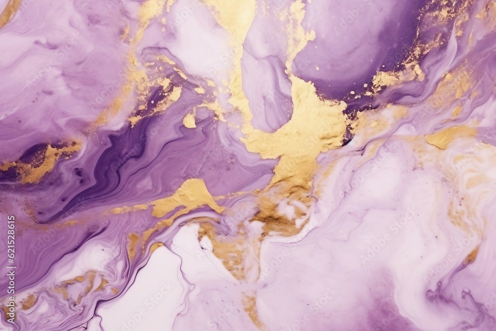 Fototapeta premium 白背景にアルコールインクアート風の紫の流動体と立体的な金色の装飾がある抽象背景。AI生成画像