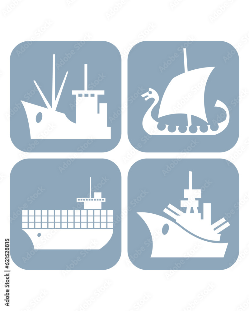 Collection of ship icons. Small Cargo Ship, Viking Drakar, Container Ship, Battleship. Collection of ship icons. Small Cargo Ship, Viking Drakar, Container Ship, Battleship.