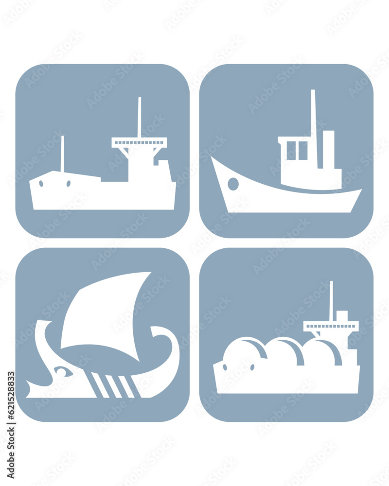 Collection of ship icons. Oil tanker, Small fishing vessel,Antique ship, Gas carrier. Collection of ship icons. Oil tanker, Small fishing vessel,Antique ship, Gas carrier.