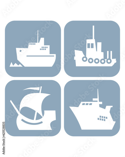 Collection of ship icons. Icebreaker, Harbor Tug, Medieval Ship, Cruise Liner.