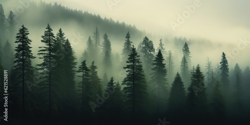 AI Generated. AI Generative. Adventure outdoor nature mist fog clouds forest trees landscape background wild explore. Graphic Art