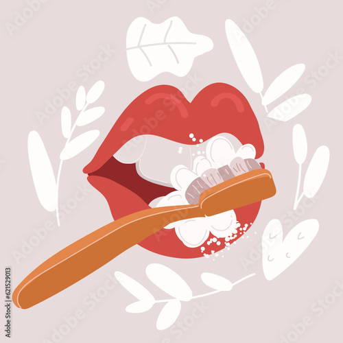 Vector illustration of Dental Care Concept. Cleaning and Brushing Huge Teeth in Open Mouth. Doctor Use Tooth Paste. Health Care, Oral Treatment Program, Check Up
