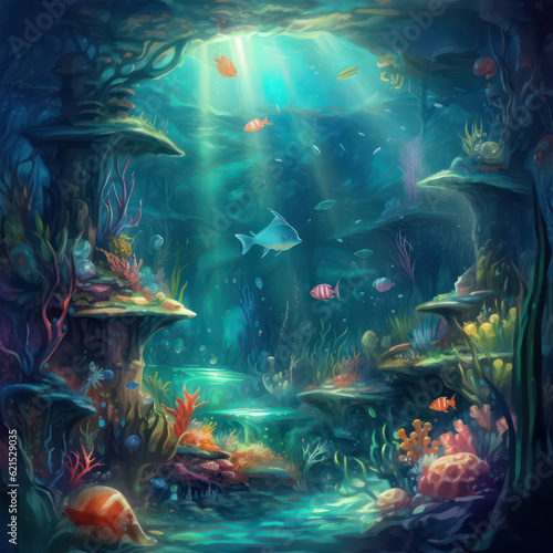 Underwater, ocean life with coral reefs and fishes background, colorful under the sea landscape, ocean theme design created with Generative AI.