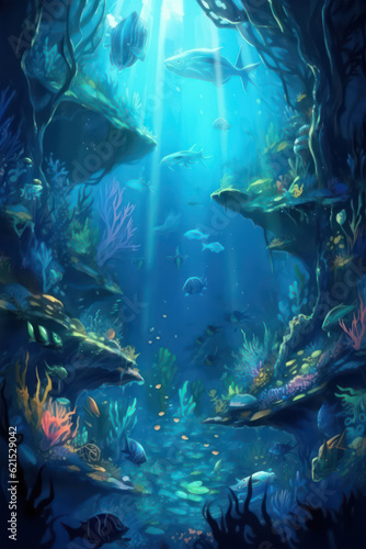 Underwater life with coral reefs and fishes background, under the sea landscape, ocean theme design created with Generative AI.