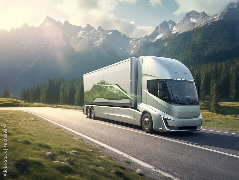 Modern eco truck makes transportation along a mountain road against the backdrop of wind farms. The concept of profitable and economical transportation. Generative AI.