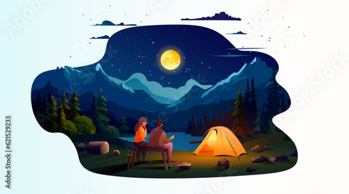 couple sitting near tent camping area night campsite summer camp travel vacation concept