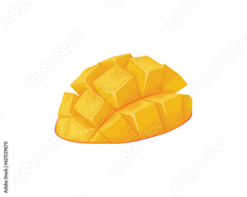 Mango. Juicy ripe mango sliced into pieces. Juicy tropical fruit. Sweet vegetarian product. Vector illustration isolated on a white background