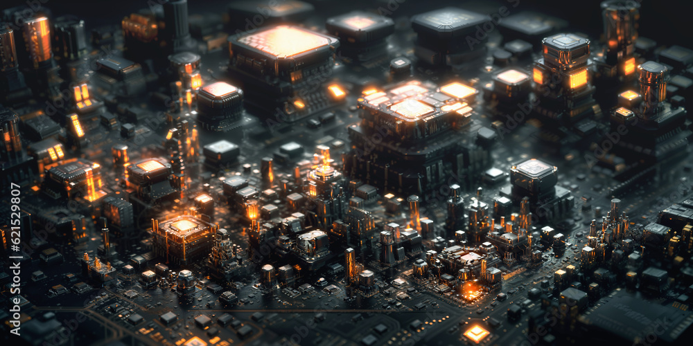 A city composed of computer chips. Concept of Digital City
