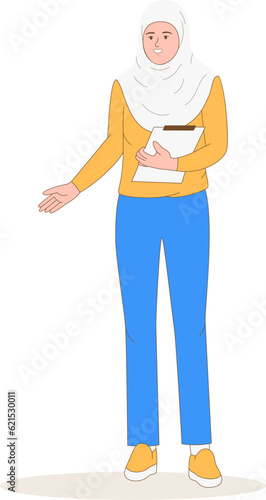 Businesswoman in presenting gesture and holding document, flat cartoon character vector