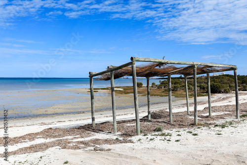 Old rundown timber beach shelter on sandy beach beneath blue sky
