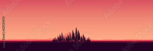 mountain dusk nature landscape with tree silhouette vector illustration good for wallpaper, background, backdrop, banner, and design template