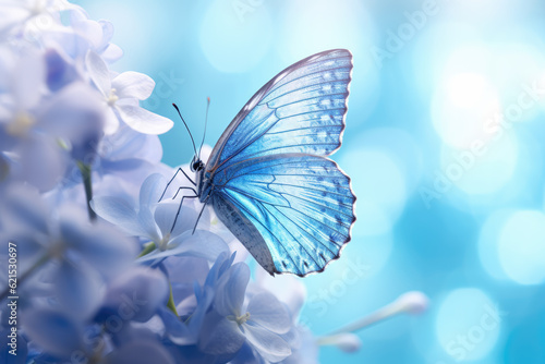 Beautiful Blue Butterfly on a Hydrangea Flowers