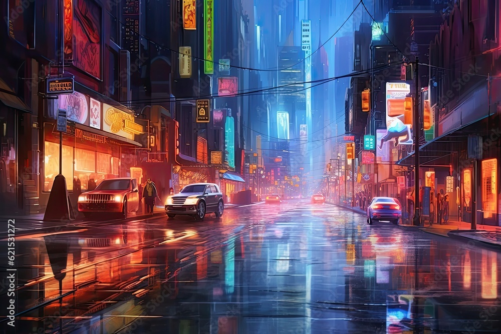 Neon mega city with light reflection from puddles on street. AI Generative
