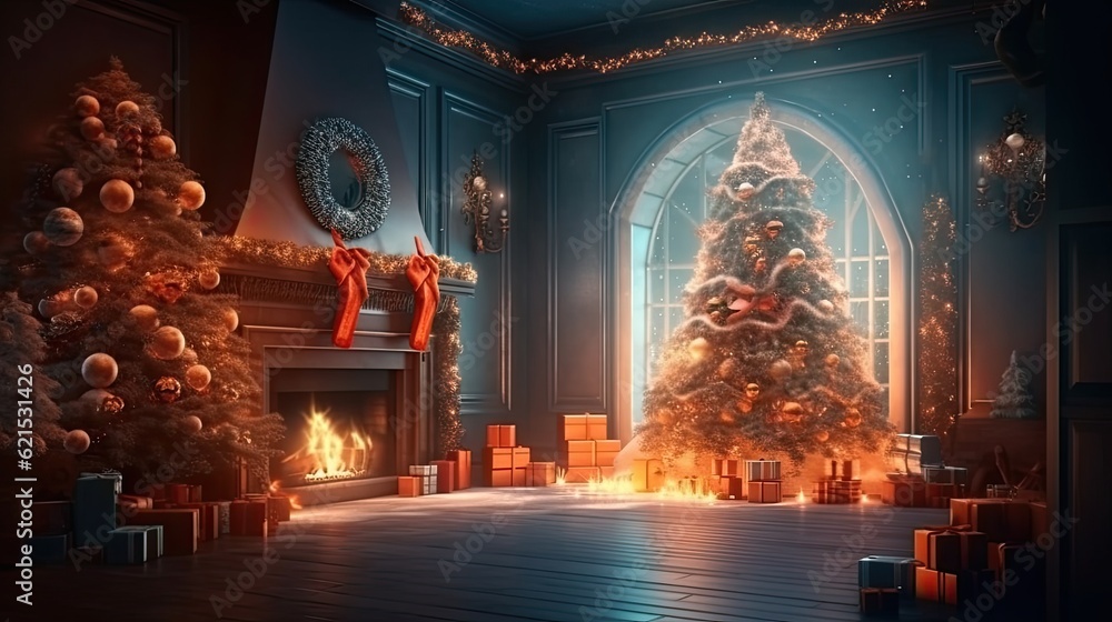 Christmas Day, Interior christmas. magic glowing tree, fireplace and gifts, copy space background. Generate Ai