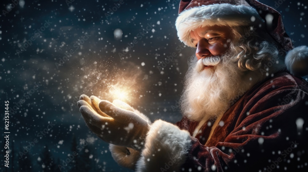 Christmas Day, Happy Santa Claus making magic at night, Blowing Magic Christmas Stars with copy space. Generate Ai Christmas Day, Happy Santa Claus making magic at night, Blowing Magic Christmas Stars with copy space. Generate Ai