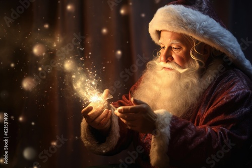 Christmas Day, Happy Santa Claus making magic at night, Blowing Magic Christmas Stars with copy space. Generate Ai