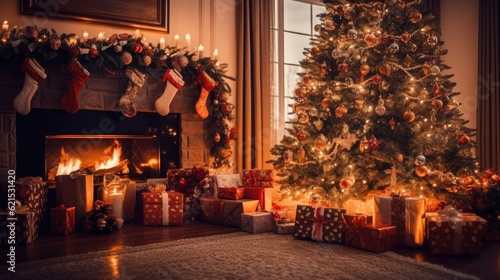 Christmas Day  Interior christmas. magic glowing tree  fireplace and gifts  copy space background. Generate Ai