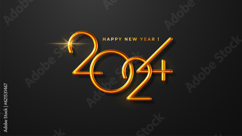 2024 New Year greeting card, elegance horizontal banner template. Luxury 3d realistic thin golden metallic numbers 2024 on black background. Vector illustration