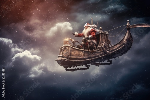 Christmas Day, Santa flying in sleigh with Christmas sky. Generate Ai