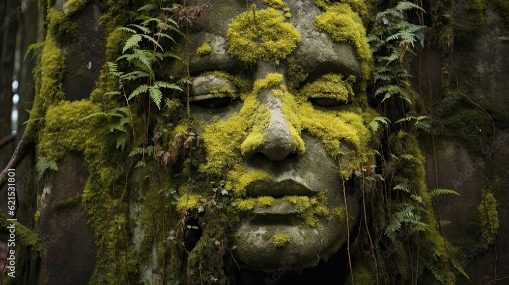 Moss-covered face depicted in close-up on a wall. (Illustration, Generative AI)