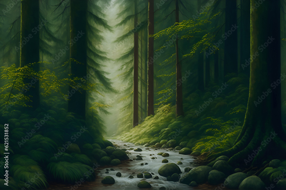 Obraz premium Paintings pine forest landscape, fine art, picture. Oil paintings landscape, river. The art. Digital paint. Beautiful landscape with river and trees. Beautiful big trees