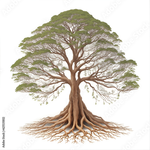 Tree with roots  isolated  ecology illustration . Tree illustration with green leaves and roots  can use for logo inspiration  design element and decoration isolated on white background