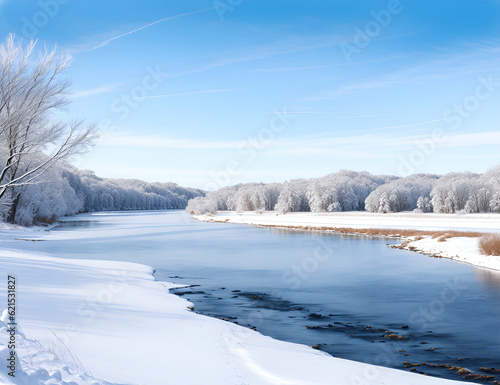 snow covered open winter landscape at snowfall, snowy trees with blue sky background. Winter Landscape Background. winter seasonal landscape with woods background, snowy calm nature