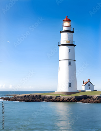 Lighthouse in the morning sea shore, beacon building at scenery nature ocean landscape. Nautical seafarer on rocky coast under blue sky. Marine sailing light, illustration style.